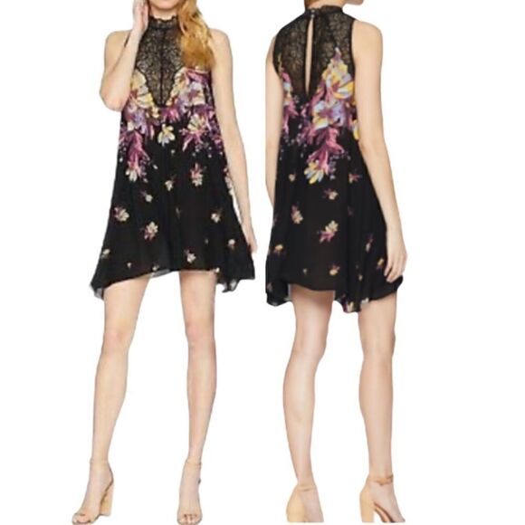 Free People Marsha Printed Lace-Neck Mini Dress in the Size XS - Picture 1 of 14
